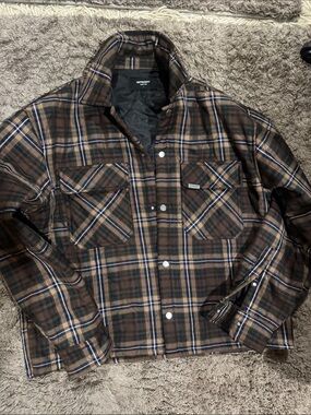 Represent flannel cropped Men's Brown Plaid Lightweight Shirt Jacket - Unbranded